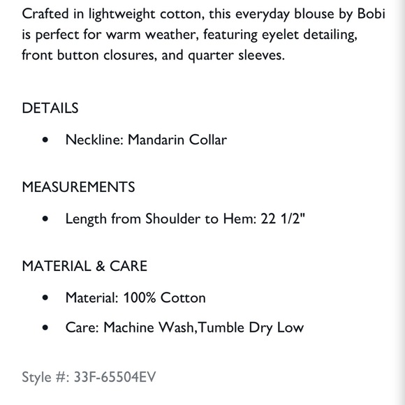 Evereve Quarter Sleeve Crochet Blouse. White, Mandarin collar. Size small. NWT. - Picture 6 of 6